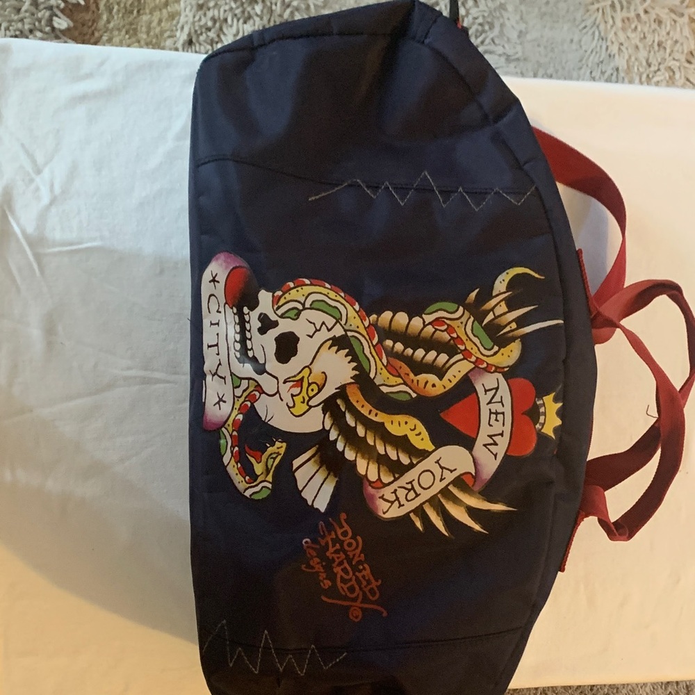 Ed Hardy Black Duffel Bag with Red Handles and crossbody strap - Picture 1 of 7